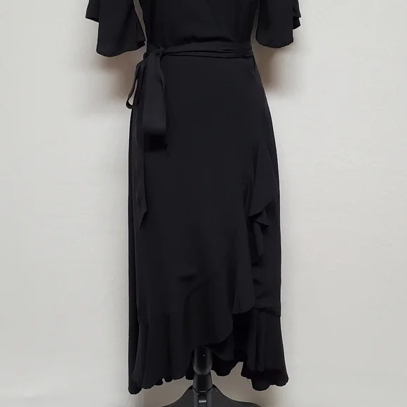 KOKO+MASON Black V-neck Asymmetric Ruffle Hem Butterfly Sleeve Wrap Dress Medium - Picture 8 of 16